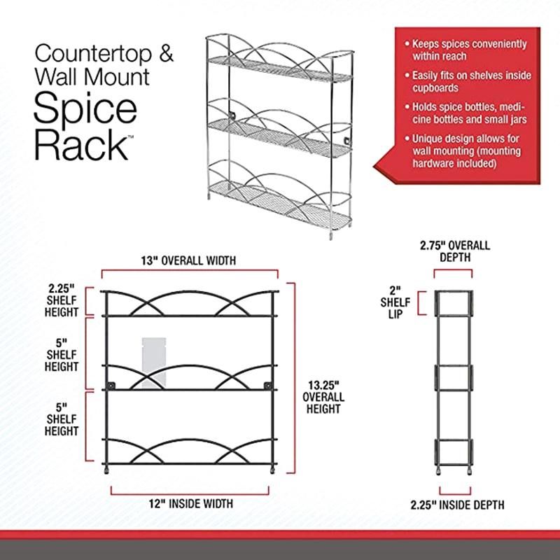 Countertop 3-Tier Rack Kitchen Cabinet Organizer or Optional Wall-Mounted Storage, Raised Rubberized Feet