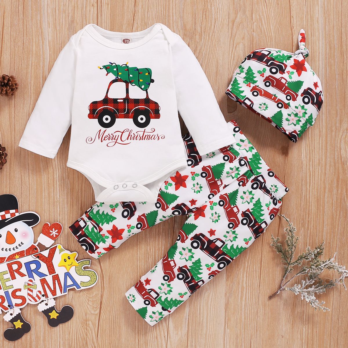 Baby Boys XMAS Cartoon Car Design Long Sleeves Christmas Clothes Set