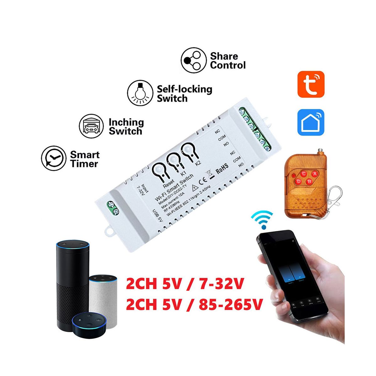 2CH Tuya WiFi Smart Switch DIY Timer+Remote 85-265V USB