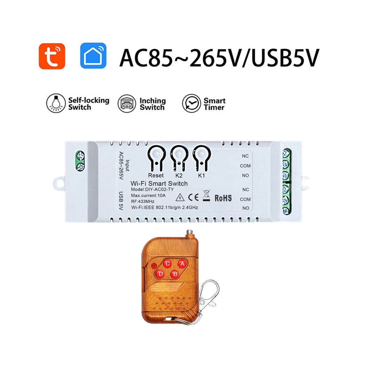 2CH Tuya WiFi Smart Switch DIY Timer+Remote 85-265V USB