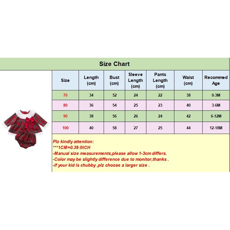 Newborn Baby Girl XMAS Costumes Plaid Pattern Long Sleeve 2PCS Suit Set