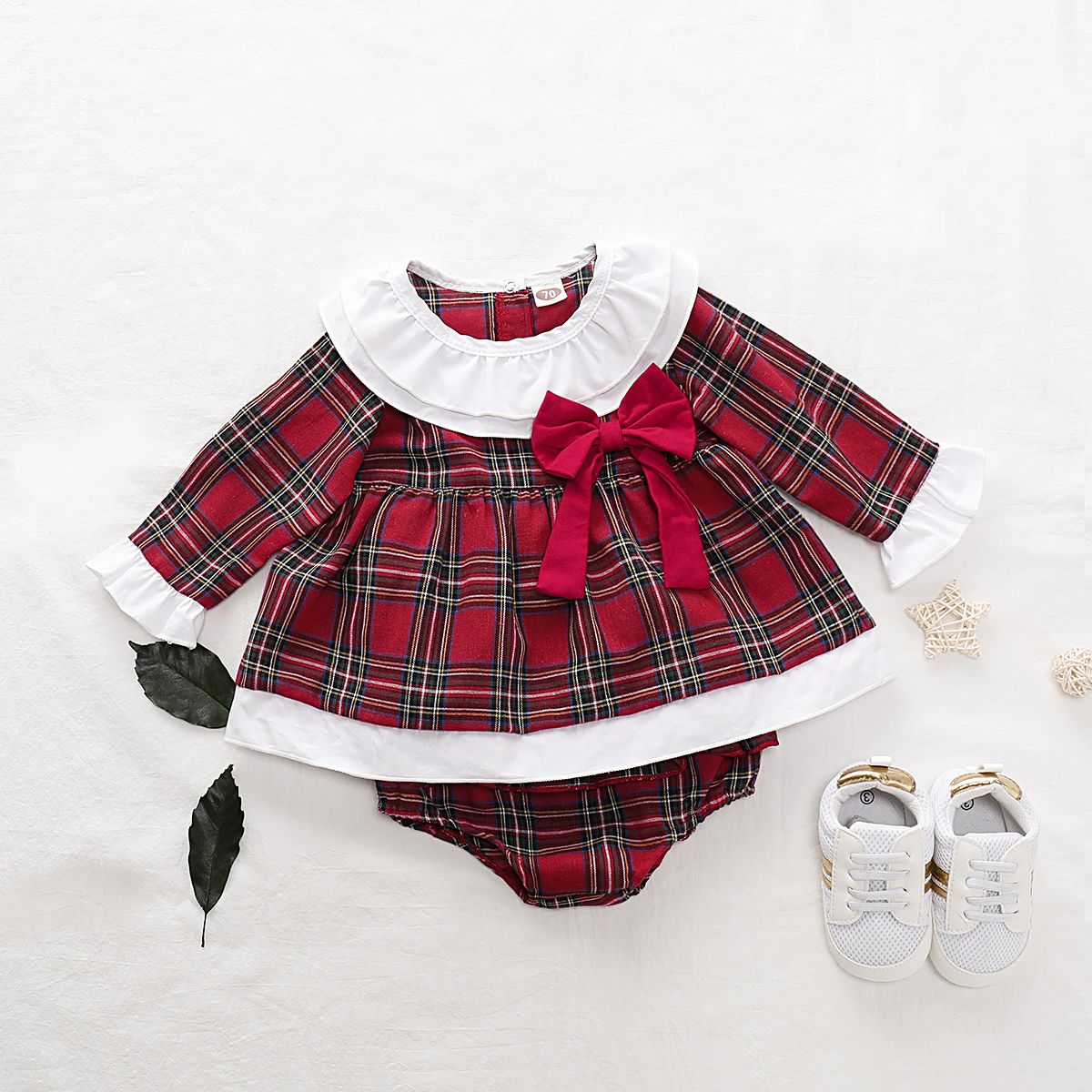 Newborn Baby Girl XMAS Costumes Plaid Pattern Long Sleeve 2PCS Suit Set