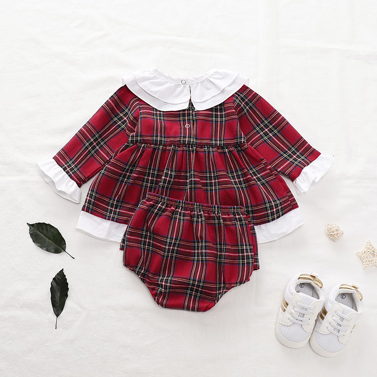 Newborn Baby Girl XMAS Costumes Plaid Pattern Long Sleeve 2PCS Suit Set