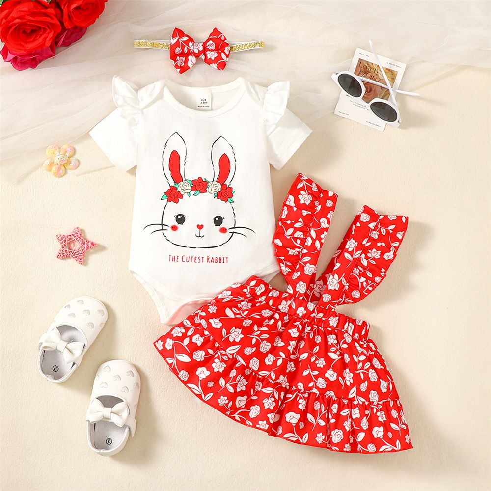 Baby Girl 3-24Months Rabbit Bodysuit+Floral Skirt+Headwear