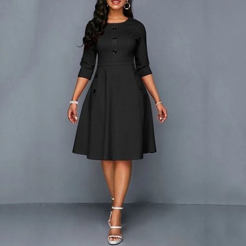Button Detail Flare Dress -Black..