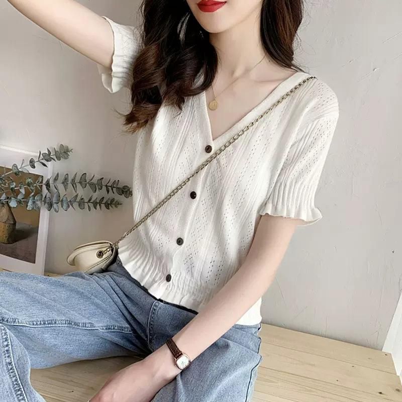 Ice Silk Short Sleeve Knitted Shirt for Women's 2023 Summer New Hollow Short KSK Loose and Slim