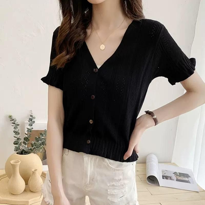 Ice Silk Short Sleeve Knitted Shirt for Women's 2023 Summer New Hollow Short KSK Loose and Slim