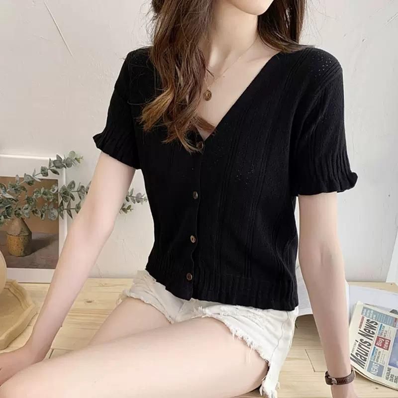 Ice Silk Short Sleeve Knitted Shirt for Women's 2023 Summer New Hollow Short KSK Loose and Slim