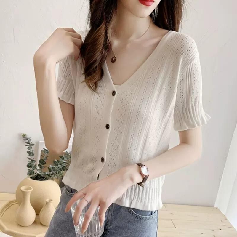 Ice Silk Short Sleeve Knitted Shirt for Women's 2023 Summer New Hollow Short KSK Loose and Slim
