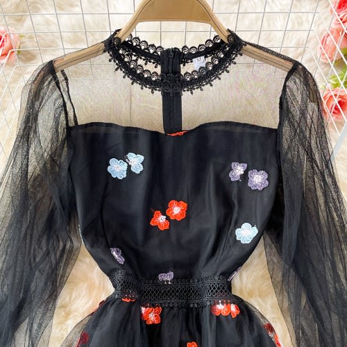 Floral Mesh Detail Dress -multi