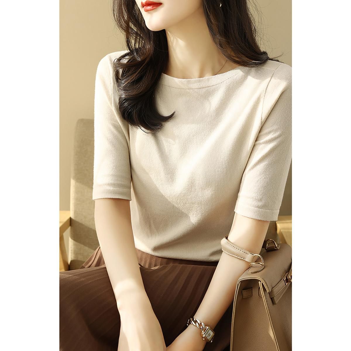 One line collar temperament half sleeve thin t-shirt for women 2021 summer new short sleeved solid