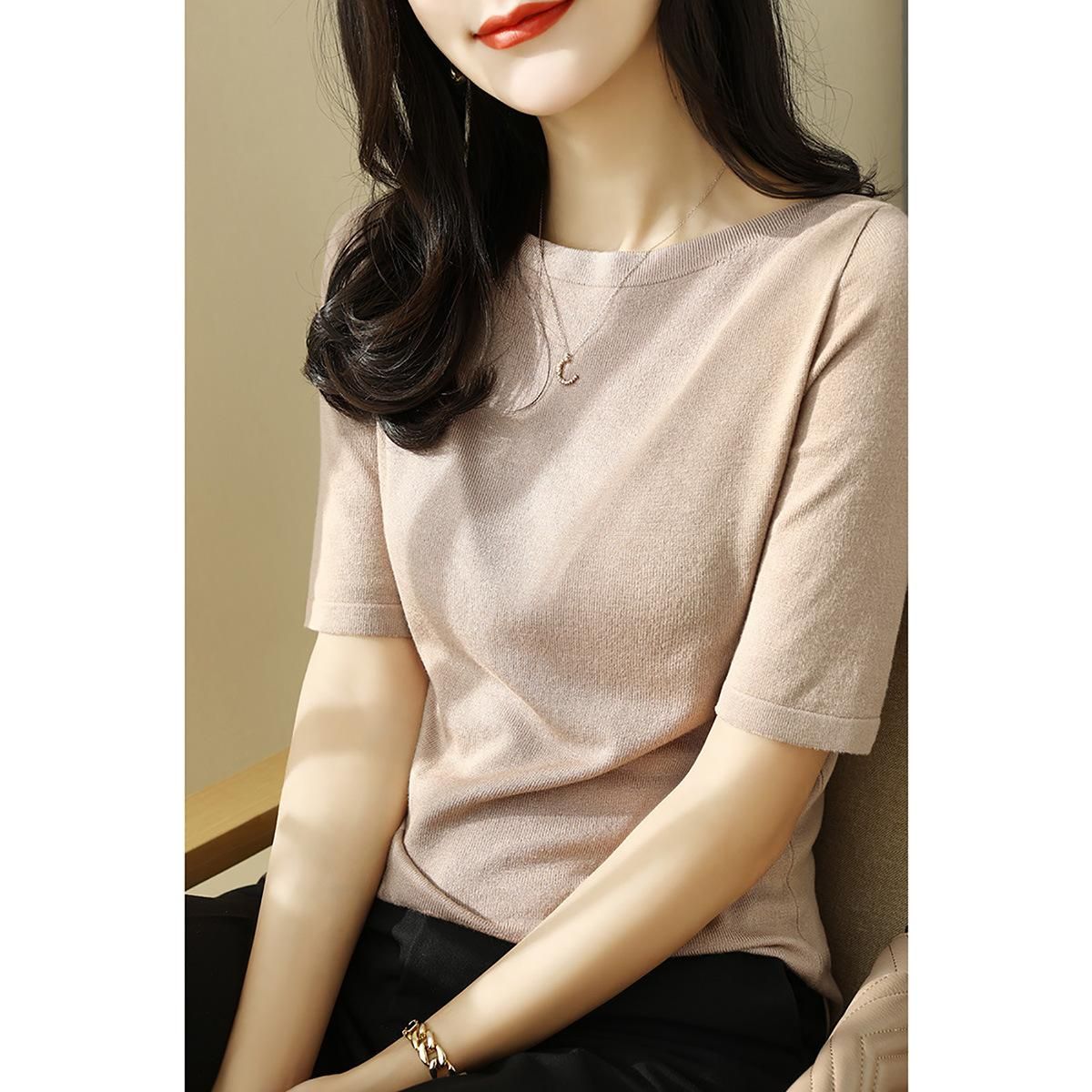 One line collar temperament half sleeve thin t-shirt for women 2021 summer new short sleeved solid