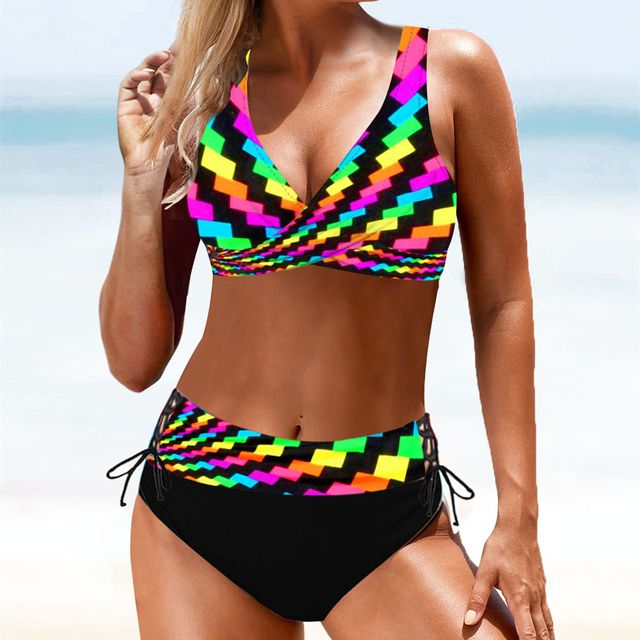Swimsuit Sexy High Waist Printed Women Bikini Set Beachwear Push Up Bathing Suit Female Swimwear Two Piece(#RAINBOW)