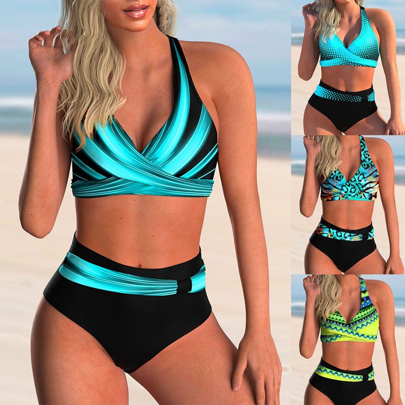 Swimsuit Sexy High Waist Printed Women Bikini Set Beachwear Push Up Bathing Suit Female Swimwear Two Piece(#RAINBOW)