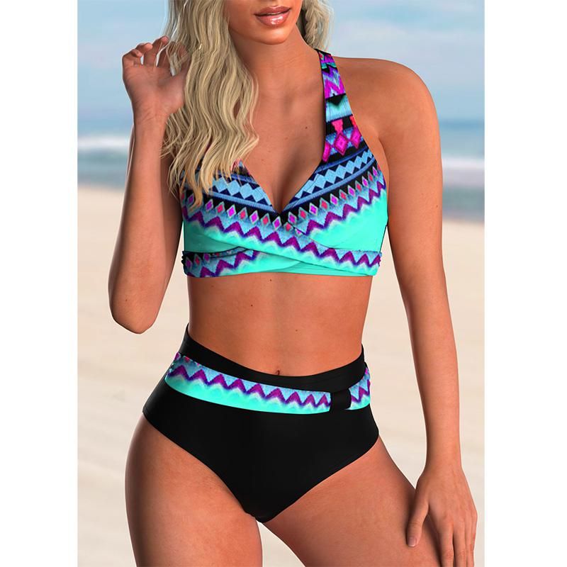 Swimsuit Sexy High Waist Printed Women Bikini Set Beachwear Push Up Bathing Suit Female Swimwear Two Piece(#RAINBOW)