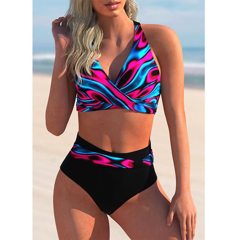 Swimsuit Sexy High Waist Printed Women Bikini Set Beachwear Push Up Bathing Suit Female Swimwear Two Piece(#RAINBOW)