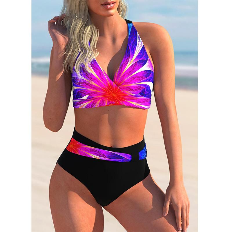 Swimsuit Sexy High Waist Printed Women Bikini Set Beachwear Push Up Bathing Suit Female Swimwear Two Piece(#RAINBOW)