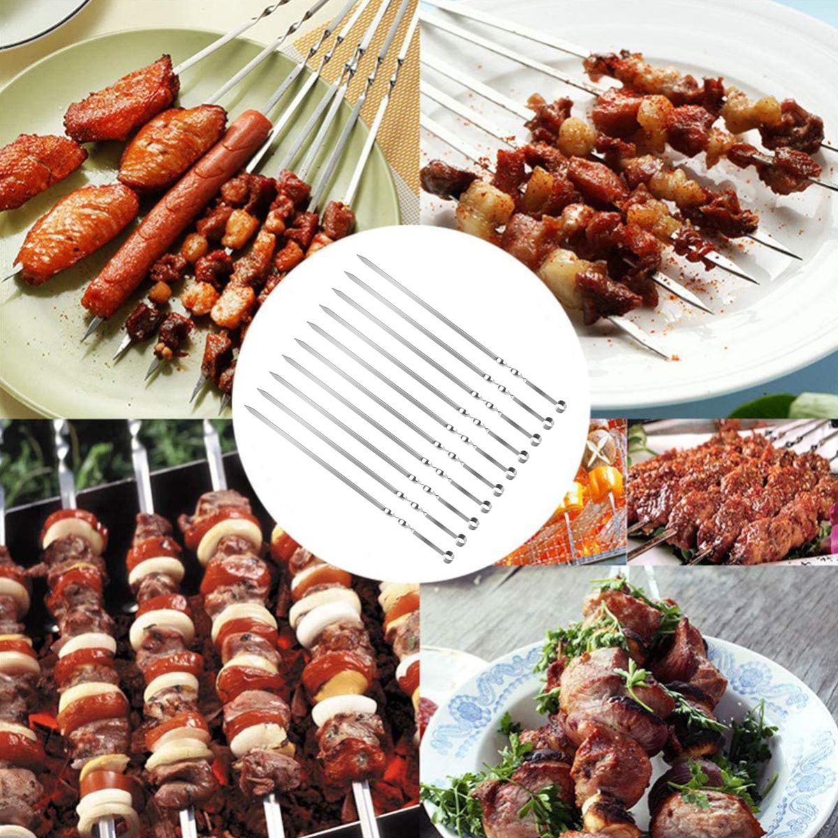 10PCS Barbecue Skewer Sticks 14 Inch Grilling Flat Kabob