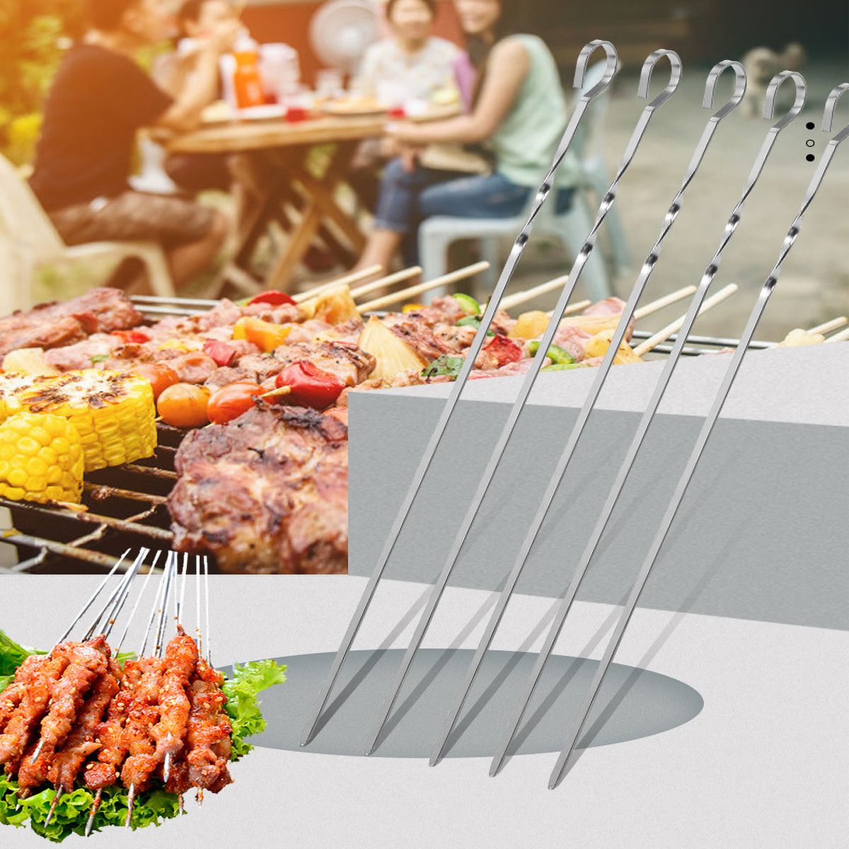 10PCS Barbecue Skewer Sticks 14 Inch Grilling Flat Kabob