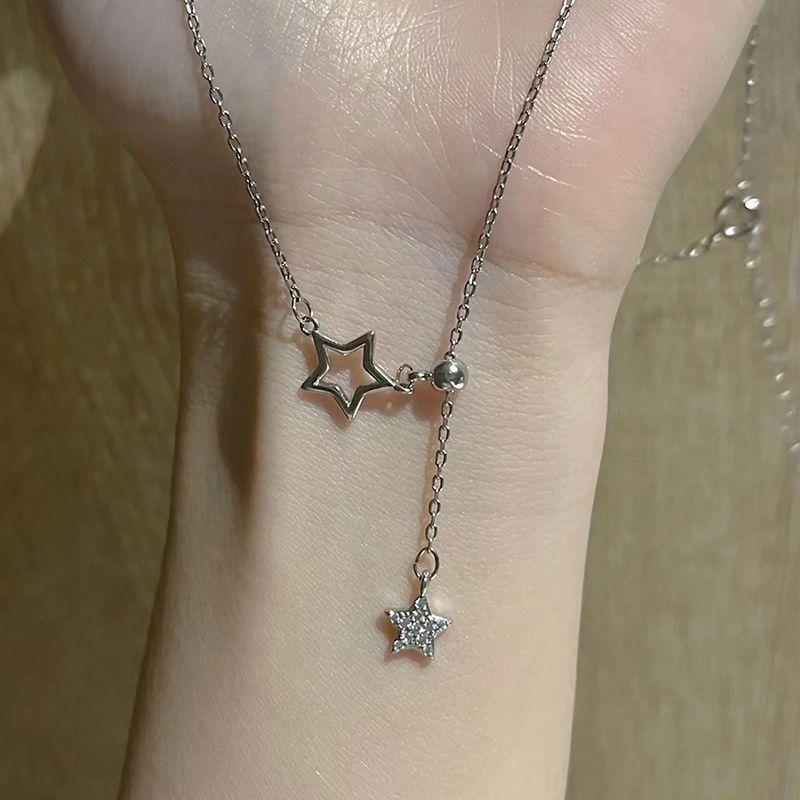 Women's Collarbone Chain Hollow Five-pointed Star Pendant With Diamonds-Rhodium