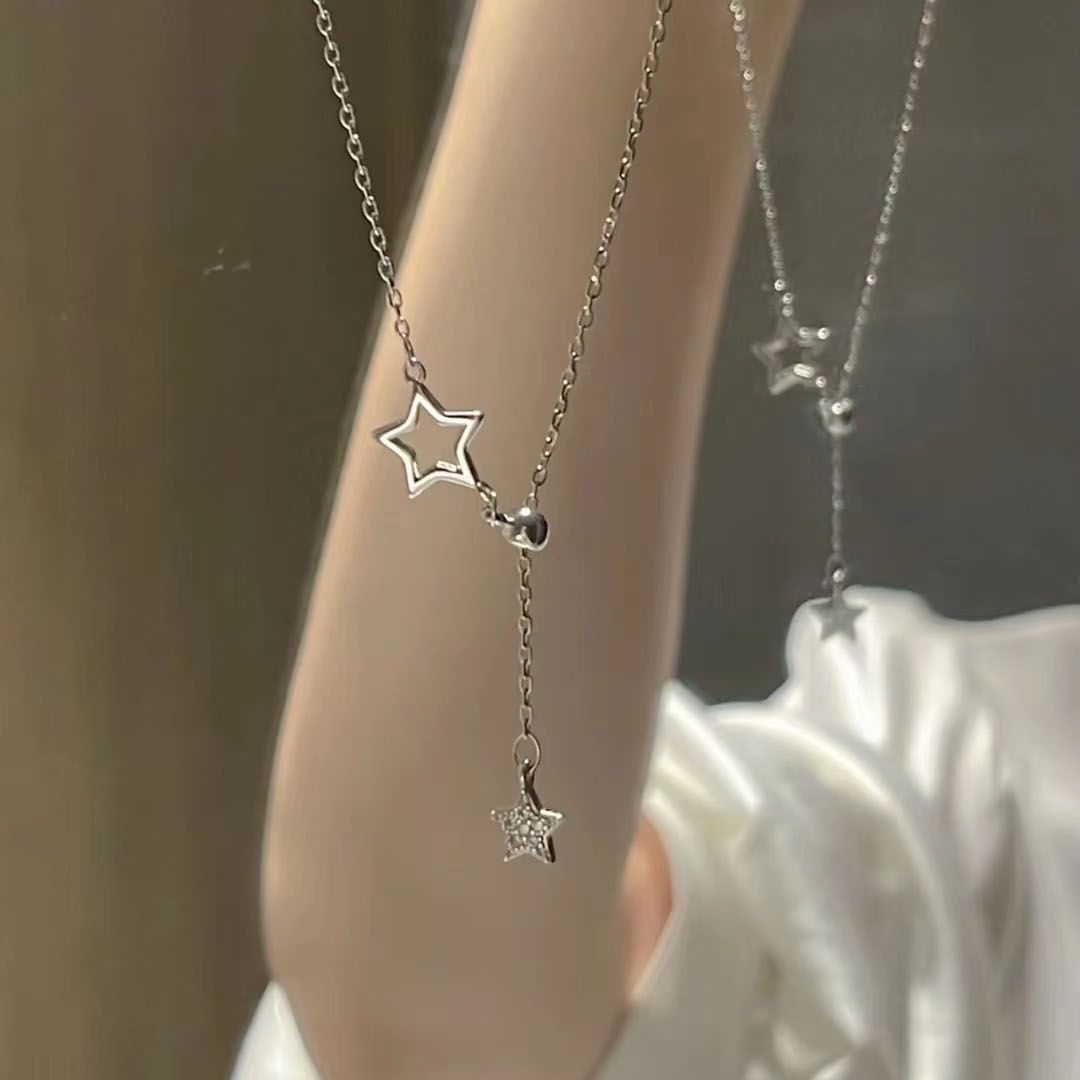 Women's Collarbone Chain Hollow Five-pointed Star Pendant With Diamonds-Rhodium