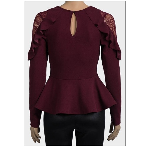 Ladies  Lace & Frill Peplum Top - Wine Color