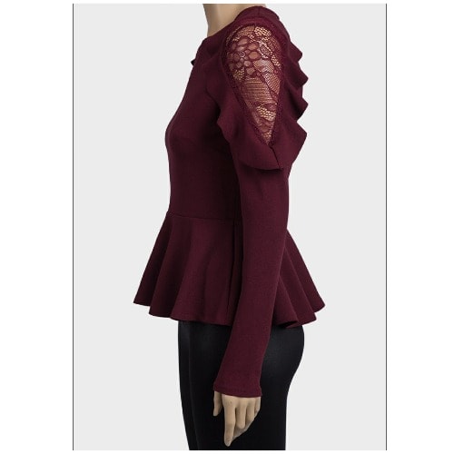 Ladies  Lace & Frill Peplum Top - Wine Color