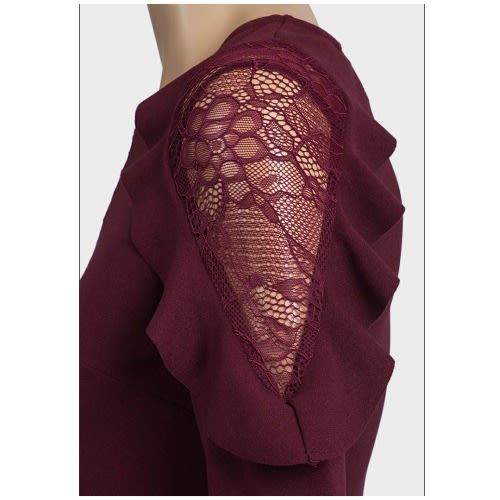 Ladies  Lace & Frill Peplum Top - Wine Color