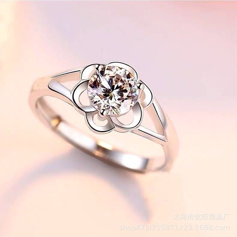 Silver Flower Open Ring Female Diamond Wedding Ring