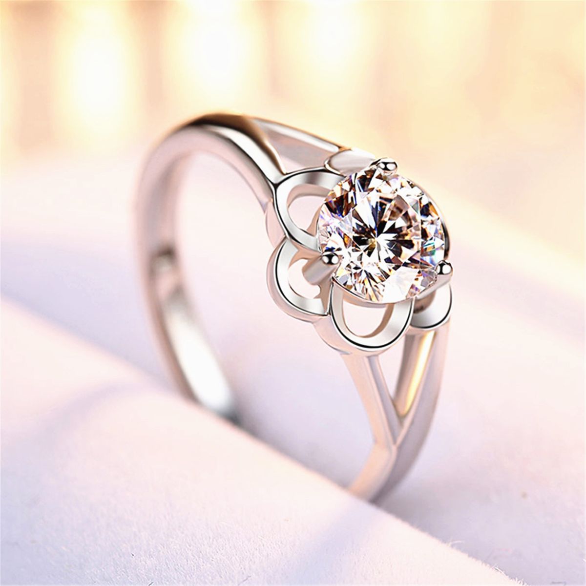 Silver Flower Open Ring Female Diamond Wedding Ring