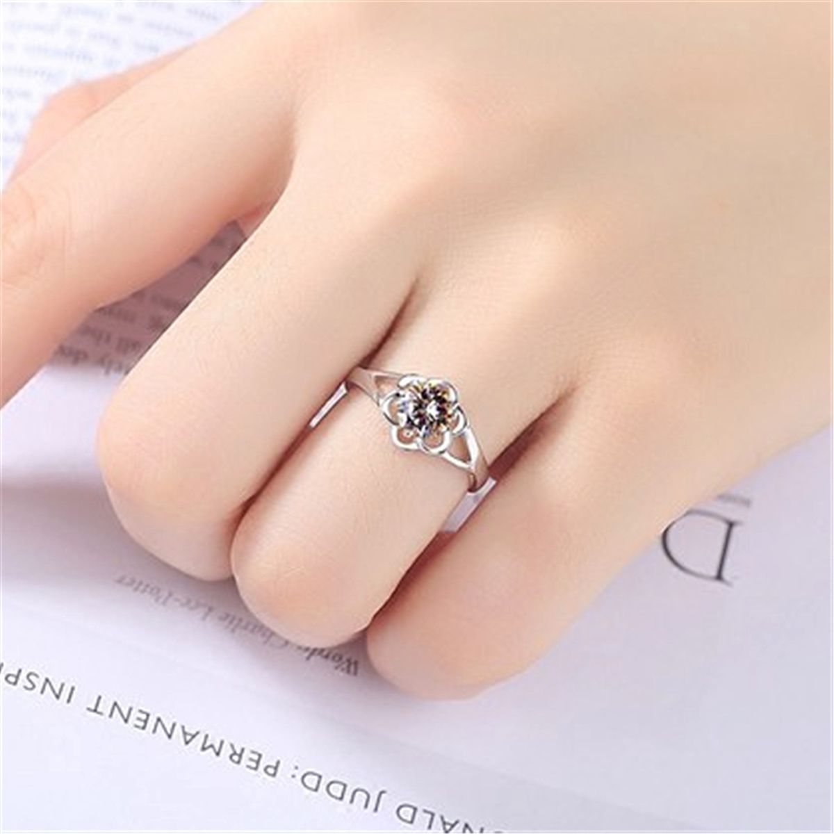 Silver Flower Open Ring Female Diamond Wedding Ring