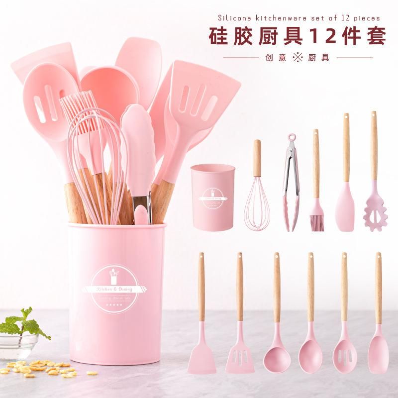 Cooking Non-Stick Pan Storage Barrel Wooden Handle Silicone Kitchens 12-Piece Silicone Kitchens 11-Piece Set