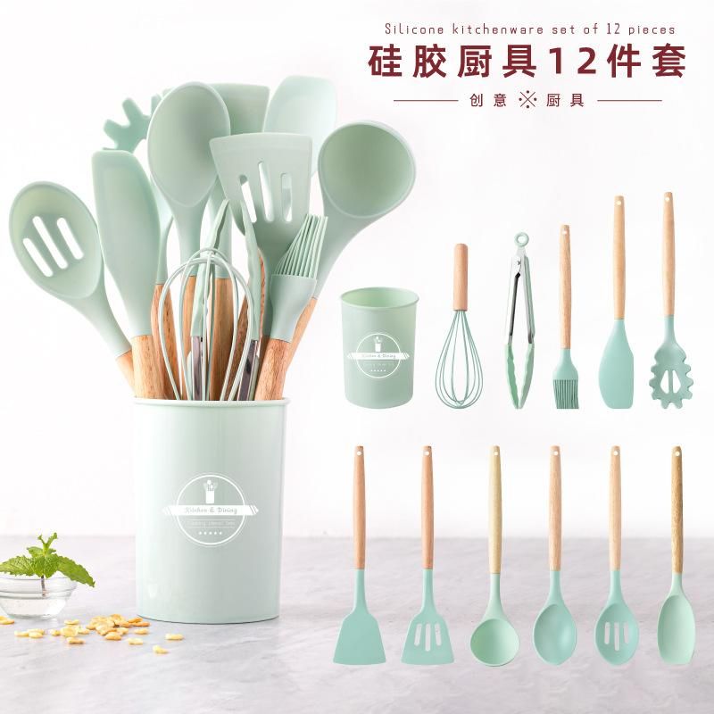 Cooking Non-Stick Pan Storage Barrel Wooden Handle Silicone Kitchens 12-Piece Silicone Kitchens 11-Piece Set