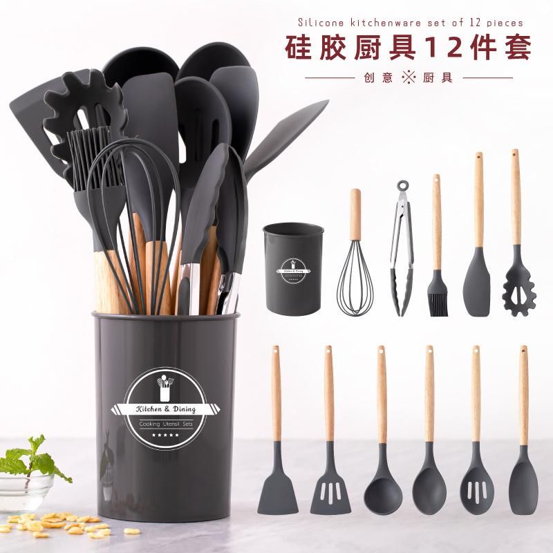 Cooking Non-Stick Pan Storage Barrel Wooden Handle Silicone Kitchens 12-Piece Silicone Kitchens 11-Piece Set