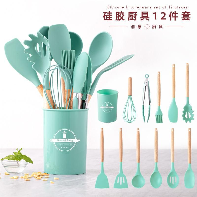 Cooking Non-Stick Pan Storage Barrel Wooden Handle Silicone Kitchens 12-Piece Silicone Kitchens 11-Piece Set