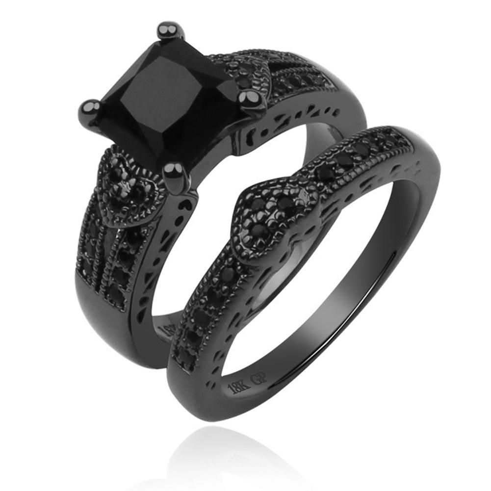 2Pcs/Set Women Men Luxury Black Cubic Zircon Inlaid Finger
