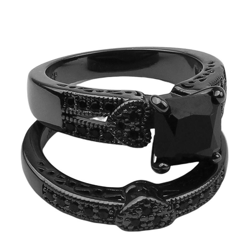 2Pcs/Set Women Men Luxury Black Cubic Zircon Inlaid Finger