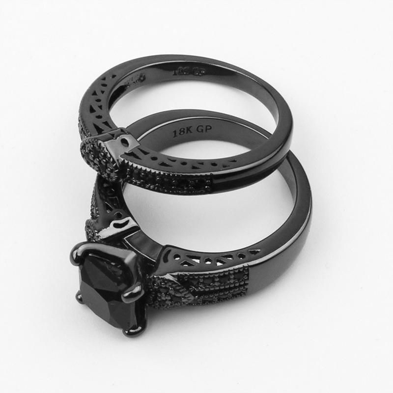 2Pcs/Set Women Men Luxury Black Cubic Zircon Inlaid Finger