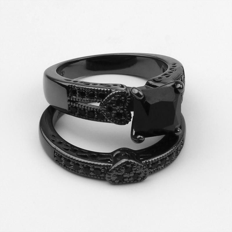 2Pcs/Set Women Men Luxury Black Cubic Zircon Inlaid Finger