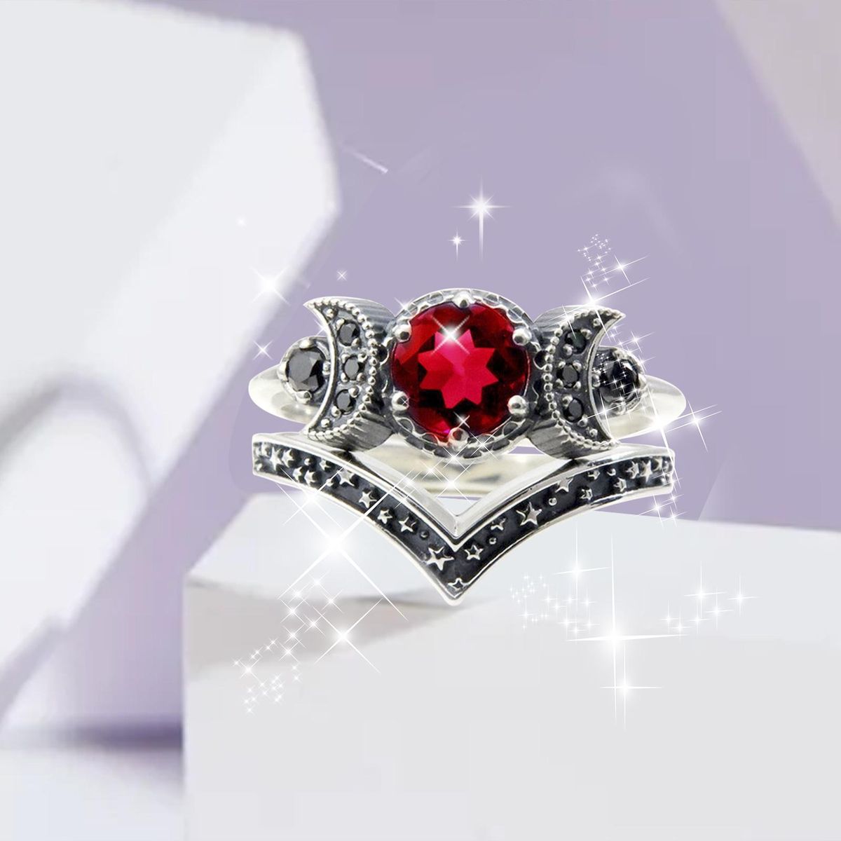 Women Ring Exquisite Comfort Fit Alloy Triple Moon God-Red