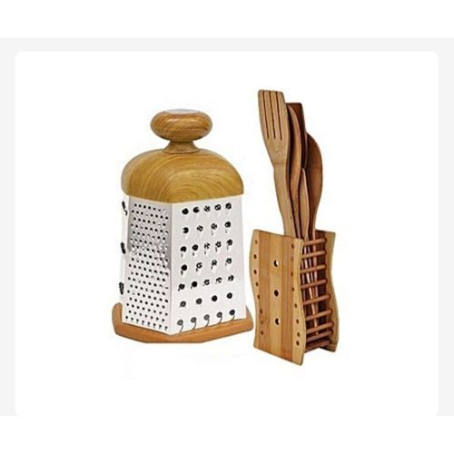 Set Of 5 Kitchen Wooden Spoons + Grater With Wooden Handle