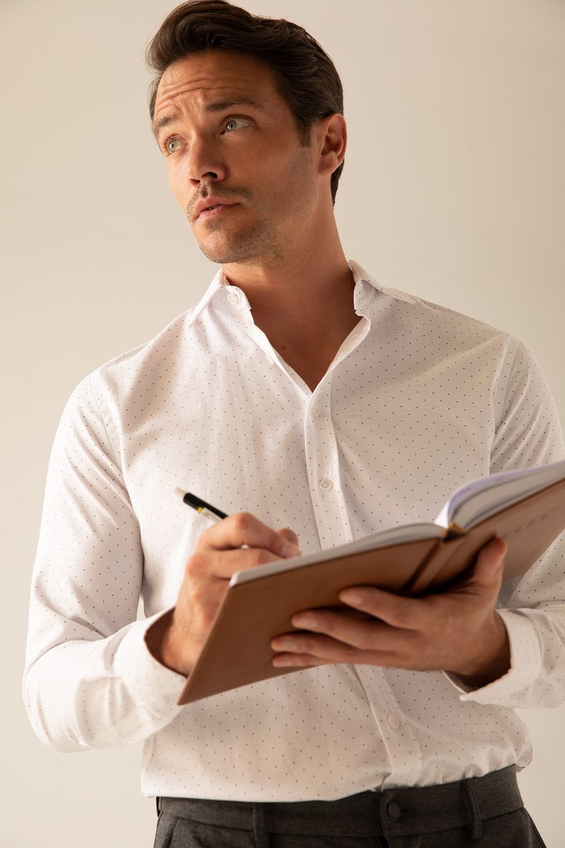 Man - Button Polo Neck Modern Fit Shirt-White