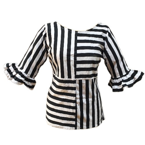 Vintage Black And White Stripe Top With Ruffle Sleeve