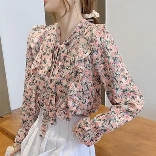 Floral Side Frill Blouse - Pink