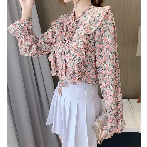 Floral Side Frill Blouse - Pink