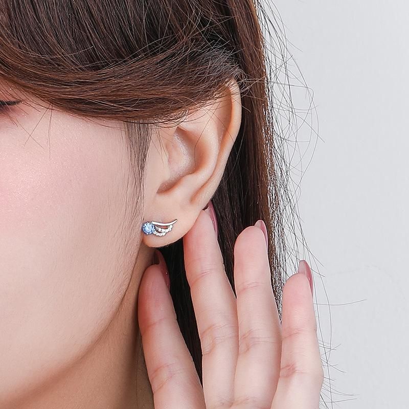 999 Pure Silver Ear Studs for Women's New Ear Hole Earrings with Diamond Wings Small Earrings in INS Style
