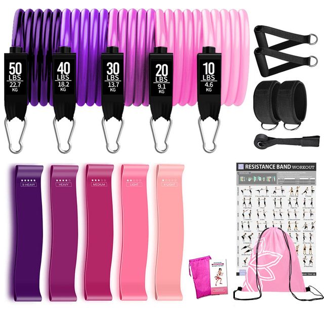 Resistance Bands Set Exercise Bands With Door Anchor Legs Ankle Straps For Resistance Training Physical Therapy Home Workouts(#SET D-150LB-16PCS)