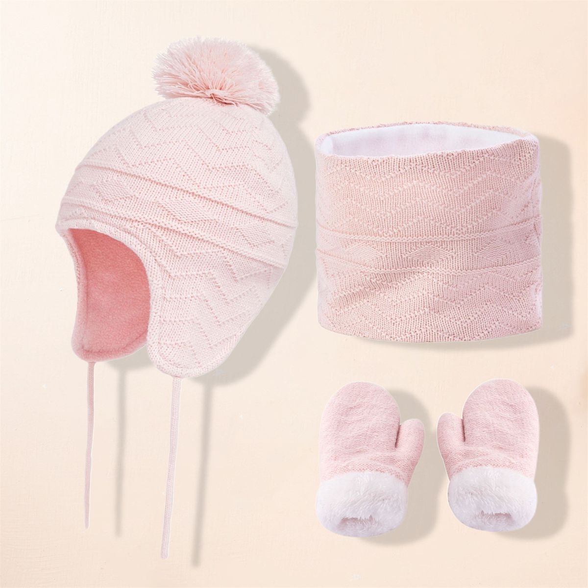 LAOdou 1 Set Hat Circle Scarf Gloves Fashion Pattern Plush-Pink