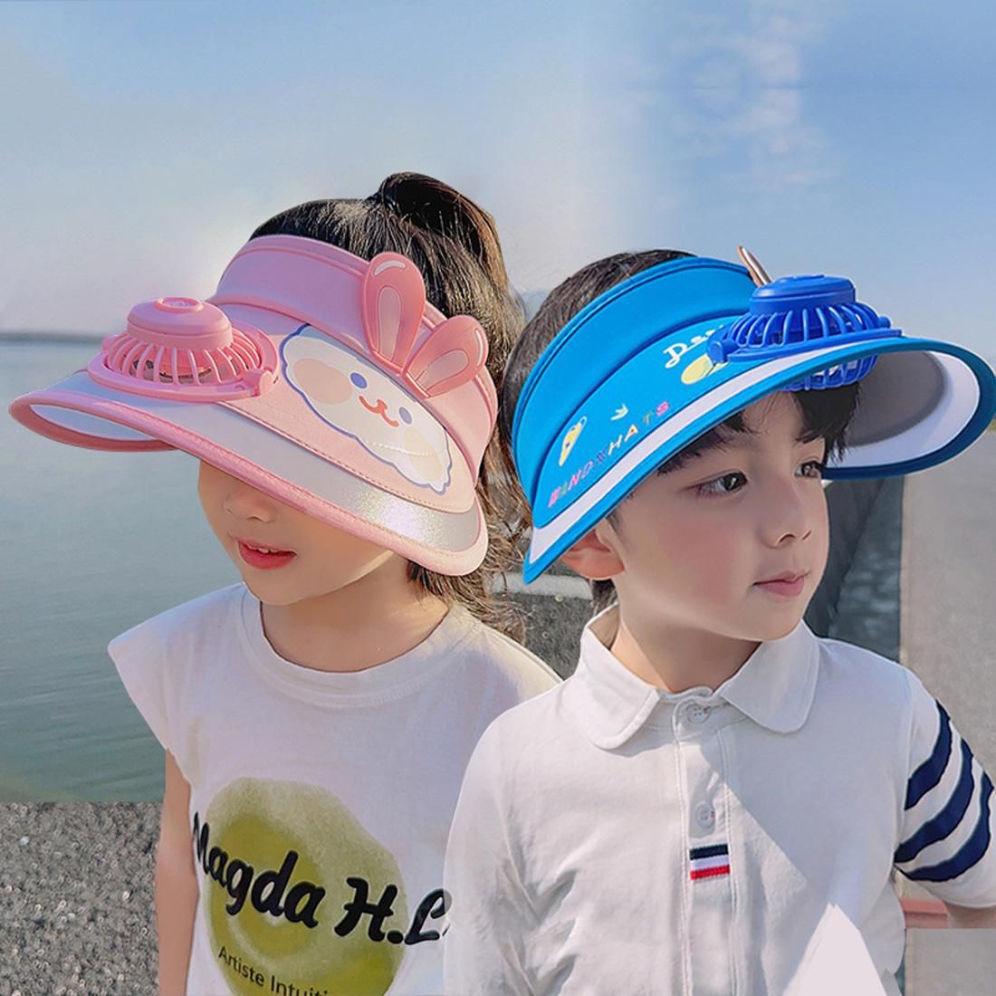 Kids Cartoon Visor Hat with Mini Fan,Sun UV Protection,Back Adjustable Buckle