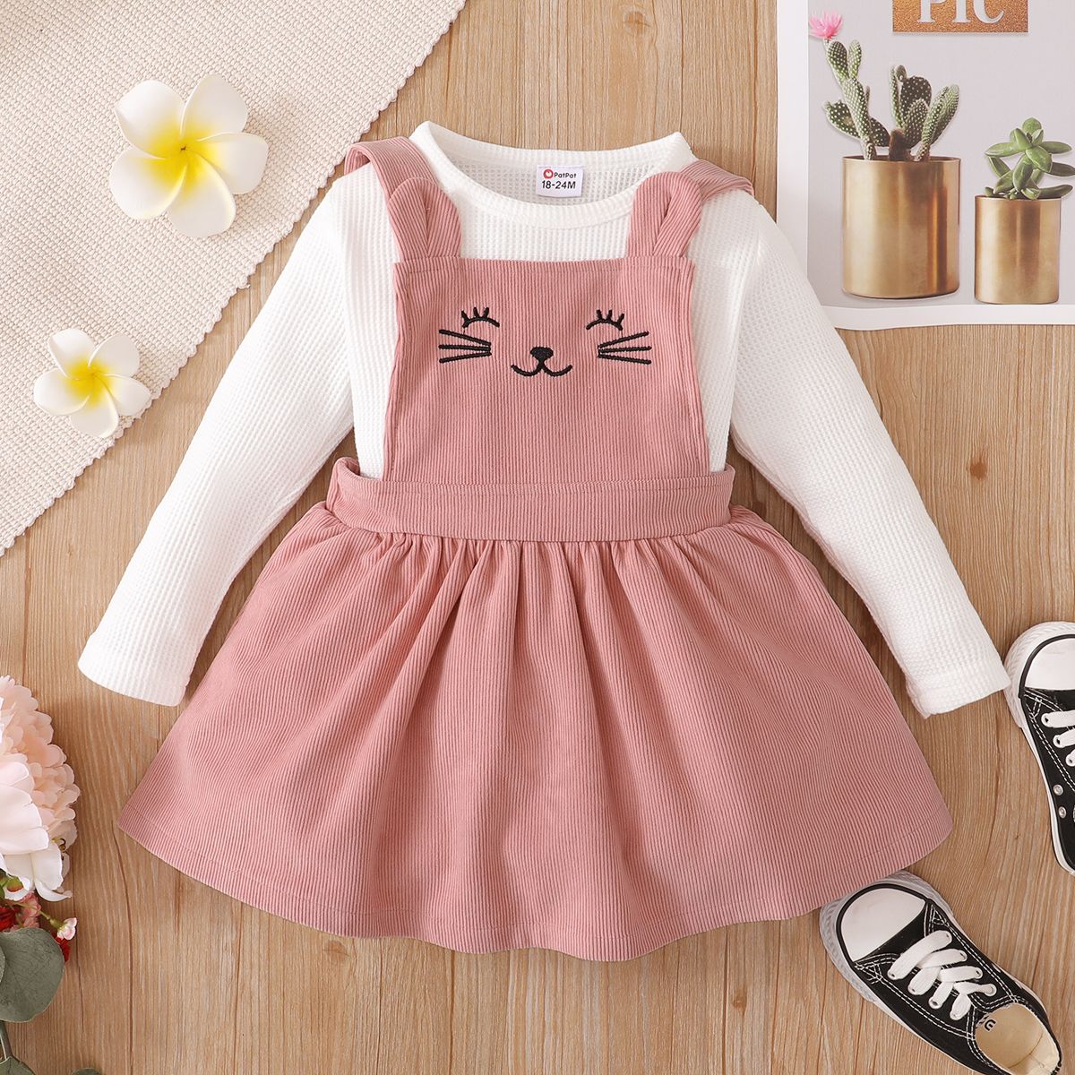 1-6Y Kid Girls Cute Kitty Dresses Long Sleeve Shirt Suspender Skirt